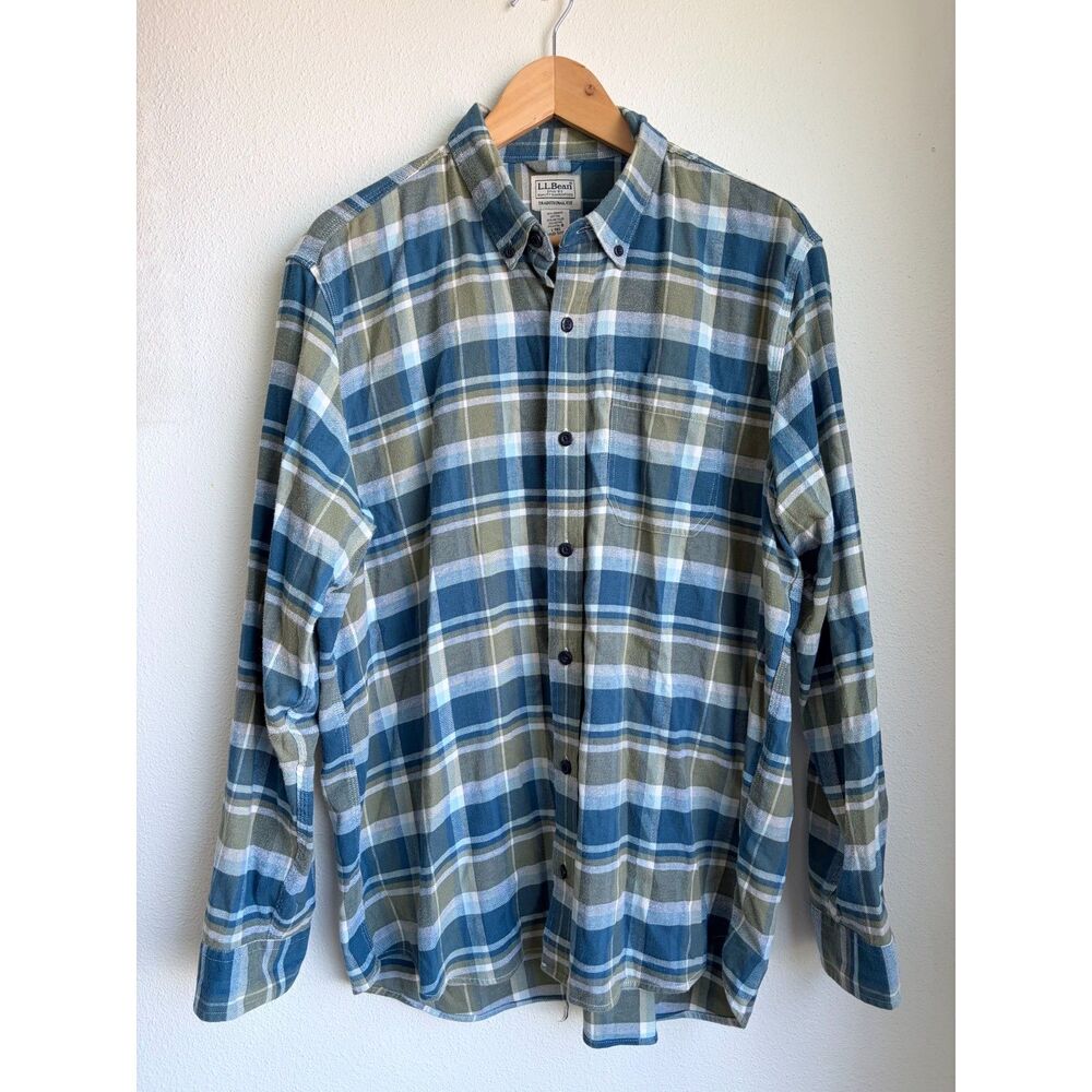 L.L.BEAN Plaid Blue Green Flannel  Traditional Fit Button Down Shirt Mens Large